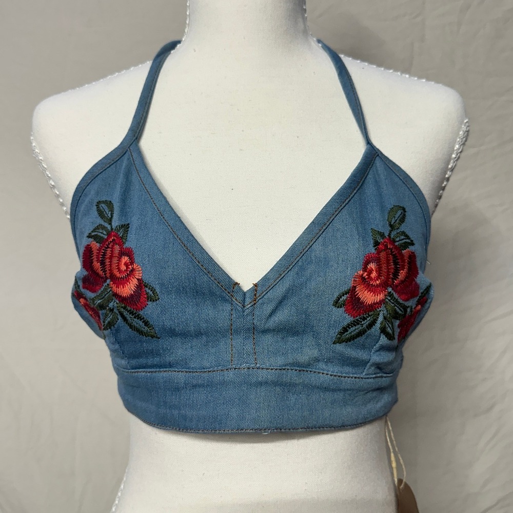 Essue Denim Floral Rose Embroidered Halter Bralette Crop Top Blue Small Festival